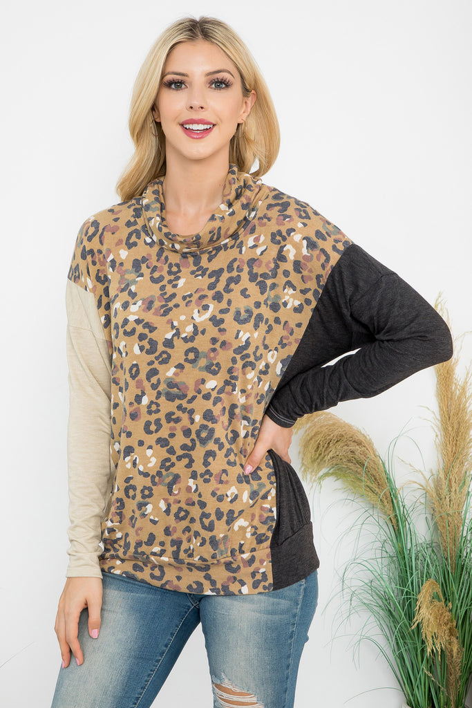 Cowl Neckline Leopard Block Long Sleeve Top