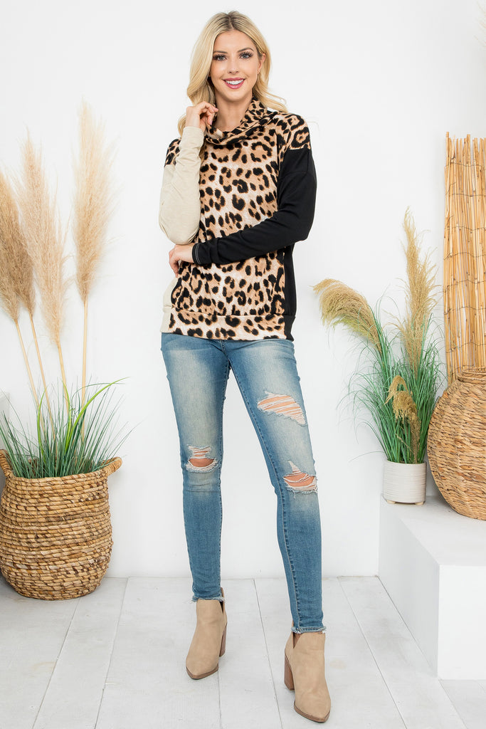 Cowl Neckline Leopard Block Long Sleeve Top