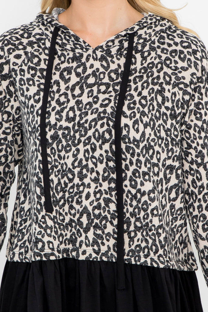 Solid Hem Animal Print Hoodie Top