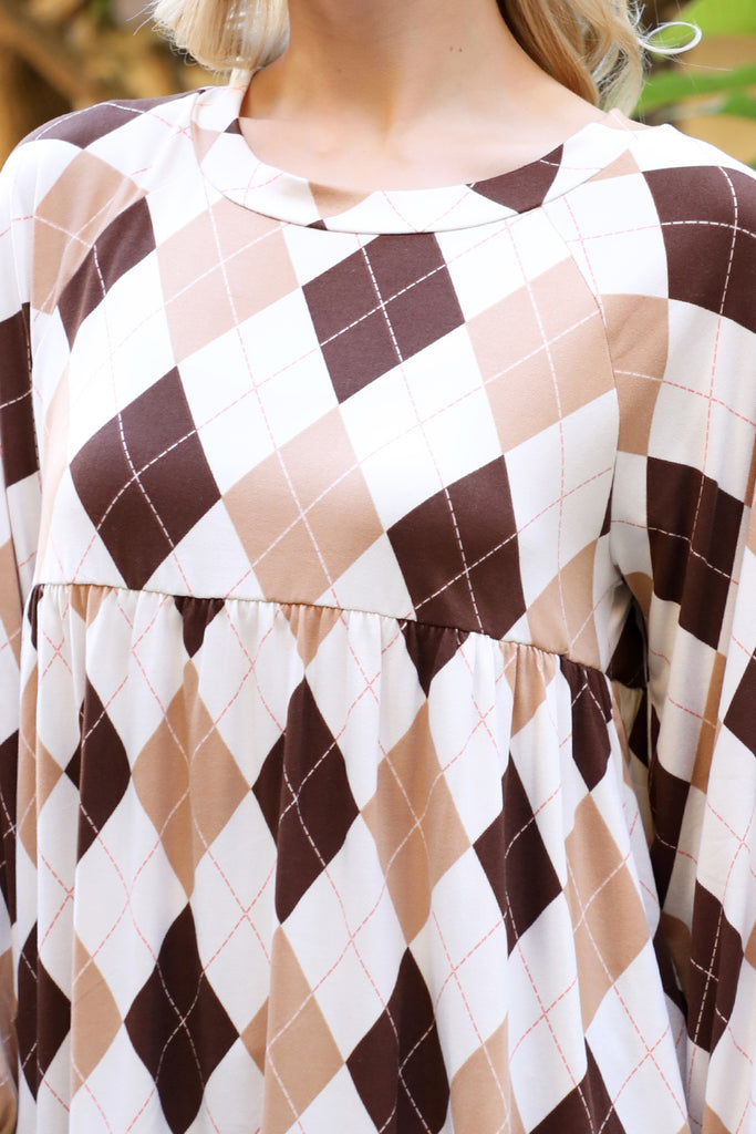 Long Puff Sleeve Checker Plaid Top