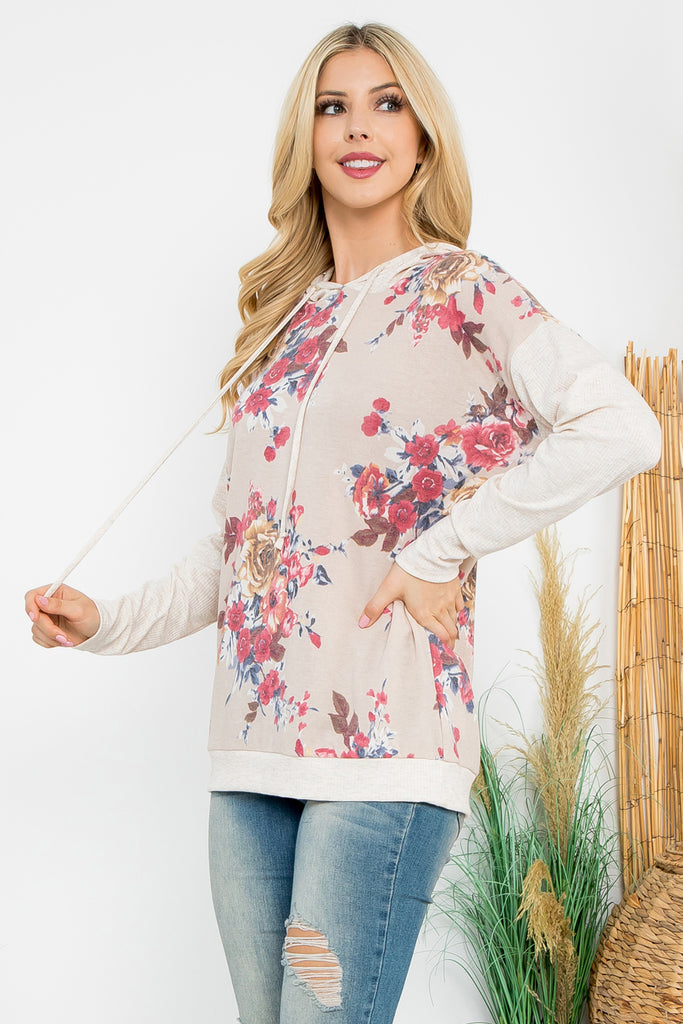 Floral Print Hoodie with Drawstring