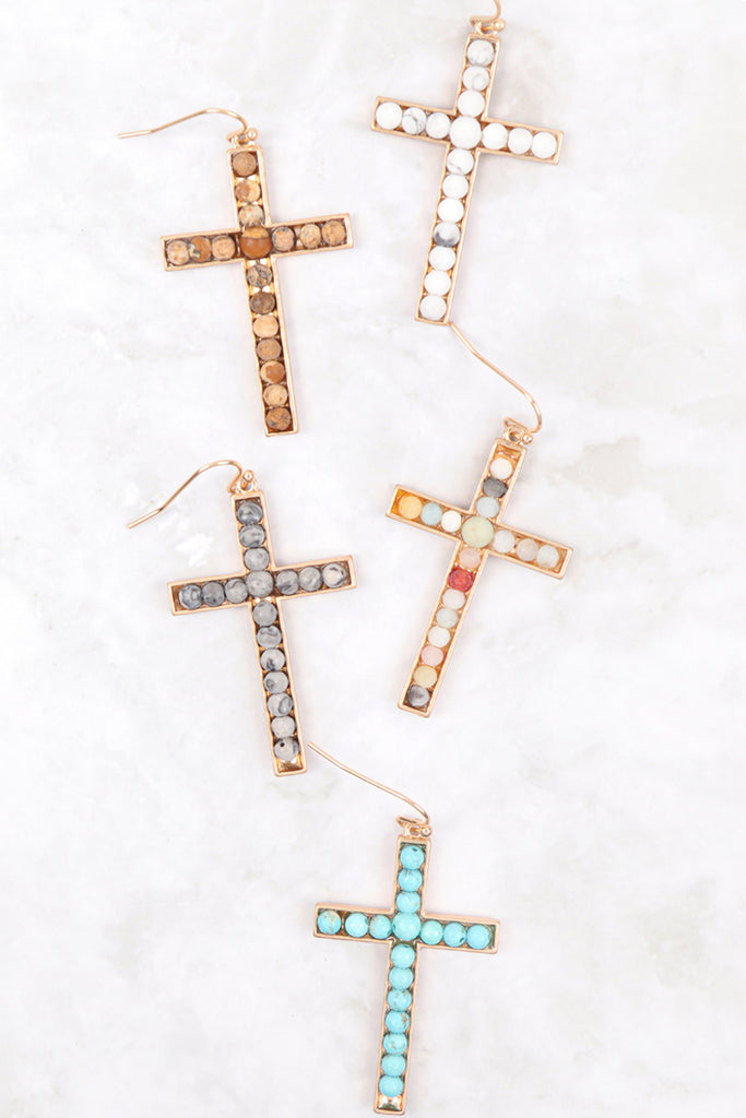 CROSS NATURAL STONE FISH HOOK DROP EARRINGS