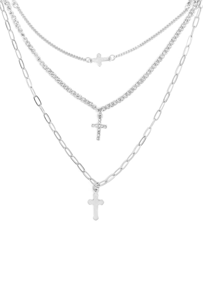 SET LAYERED CHAIN CROSS WITH SIDEWAYS AND CUBIC NECKLACES
