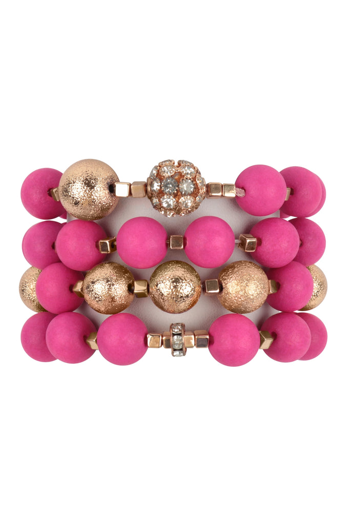 STACKABLE WOOD, TEXTURED CCB AND RHINESTONE CHARM MATTE BRACELET