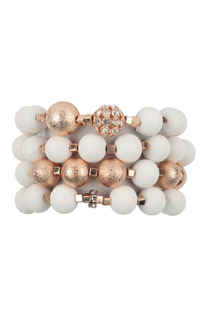 STACKABLE WOOD, TEXTURED CCB AND RHINESTONE CHARM MATTE BRACELET