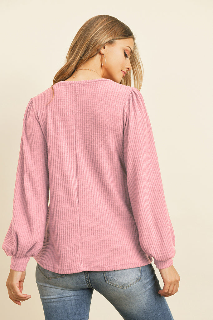 Waffle Brushed Puff Sleeve Round Neck Top