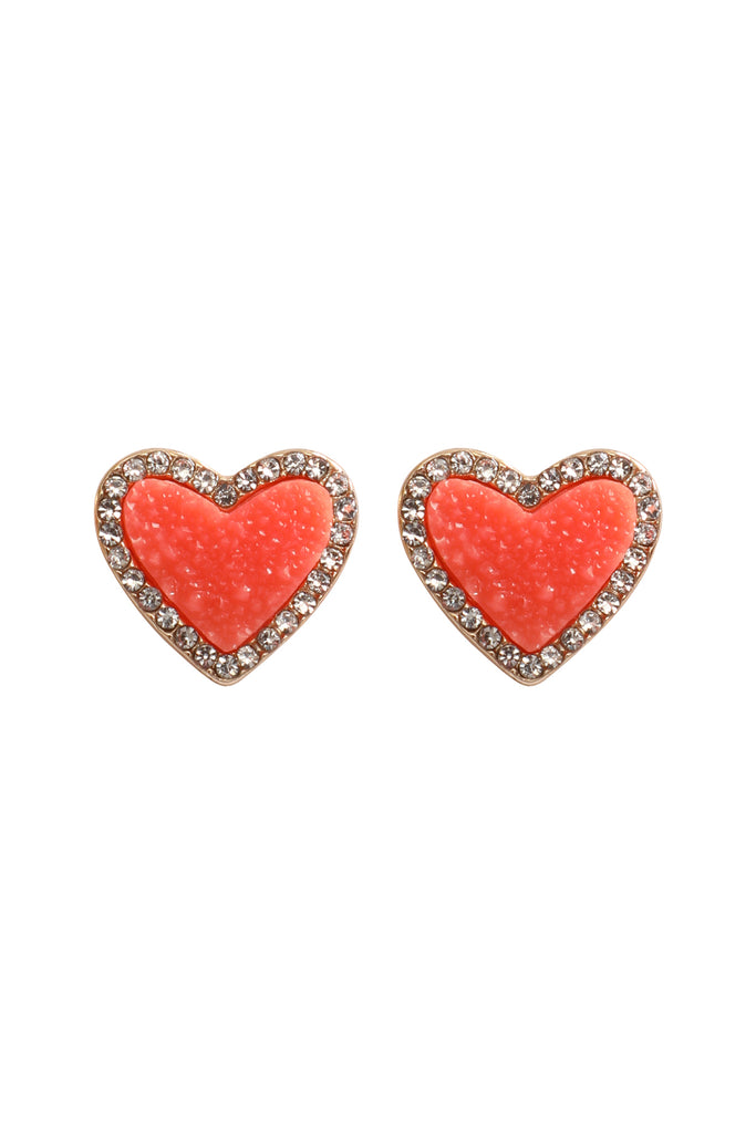 VALENTINE HEART DRUZY WITH RHINESTONE POST EARRINGS