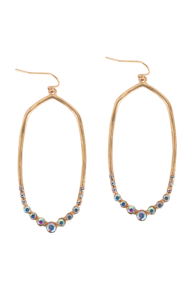 HEXAGON HAMMERED W/ PAVE RHINESTONE DROP FISH HOOK EARRINGS