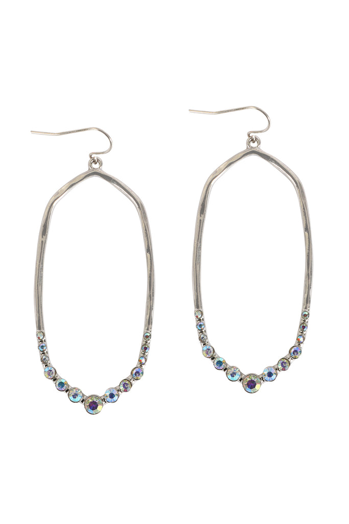 HEXAGON HAMMERED W/ PAVE RHINESTONE DROP FISH HOOK EARRINGS