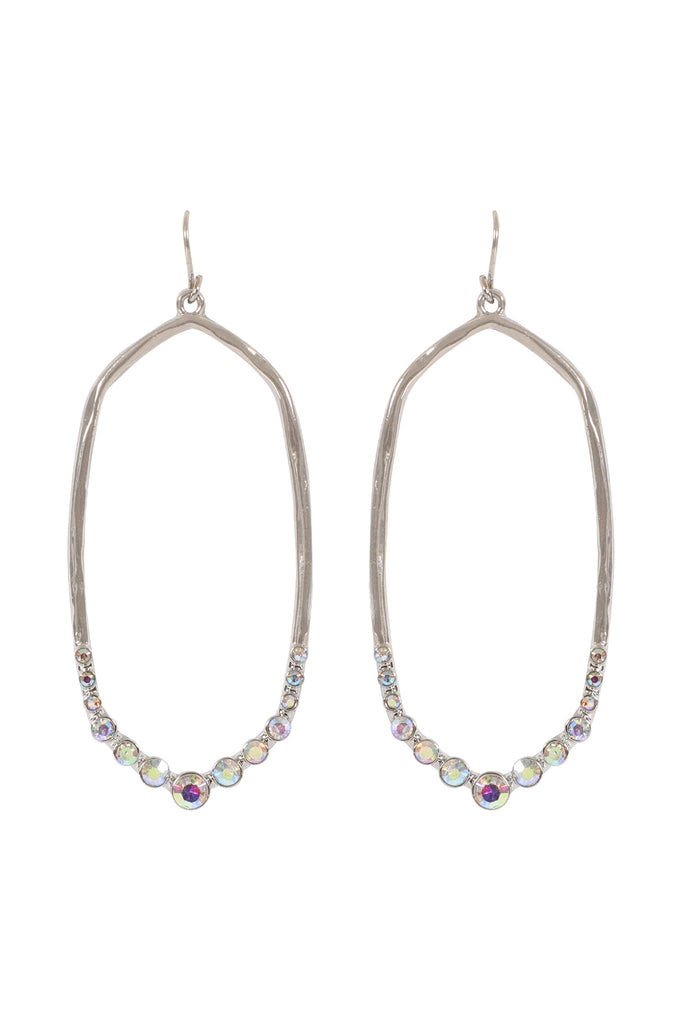 HEXAGON HAMMERED W/ PAVE RHINESTONE DROP FISH HOOK EARRINGS