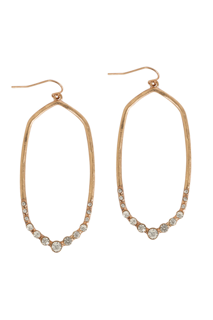 HEXAGON HAMMERED W/ PAVE RHINESTONE DROP FISH HOOK EARRINGS
