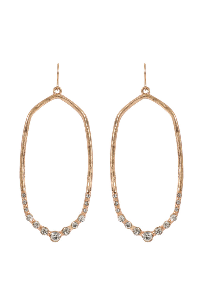 HEXAGON HAMMERED W/ PAVE RHINESTONE DROP FISH HOOK EARRINGS
