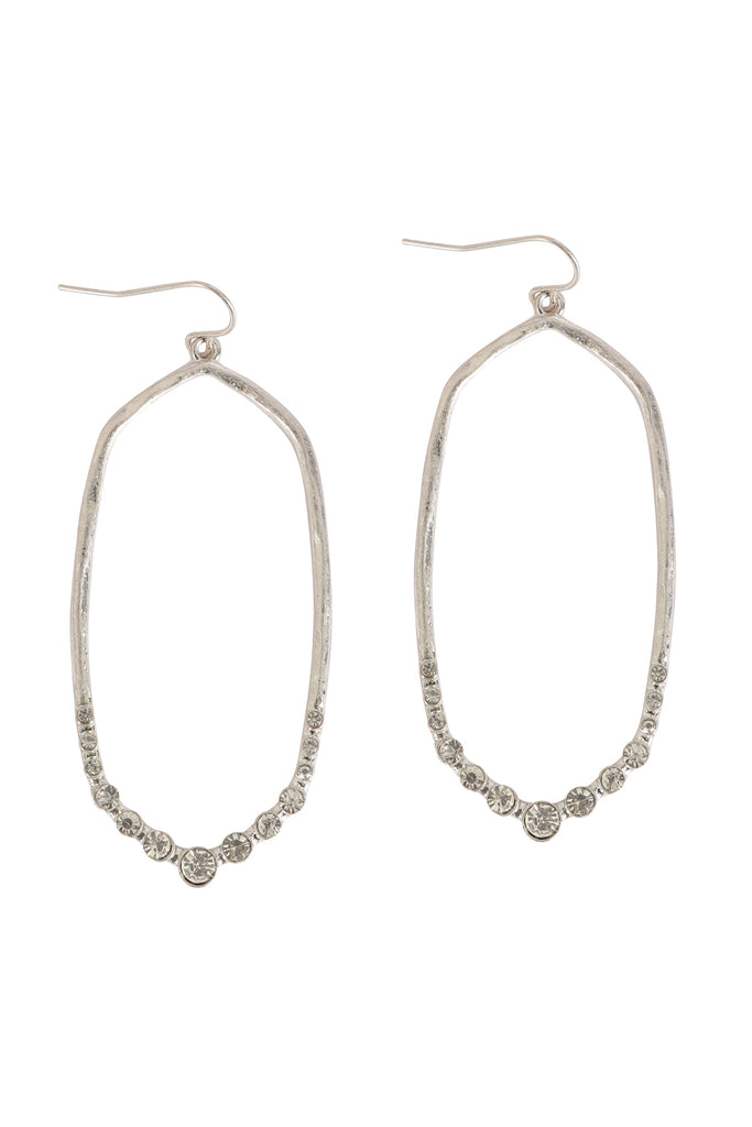 HEXAGON HAMMERED W/ PAVE RHINESTONE DROP FISH HOOK EARRINGS