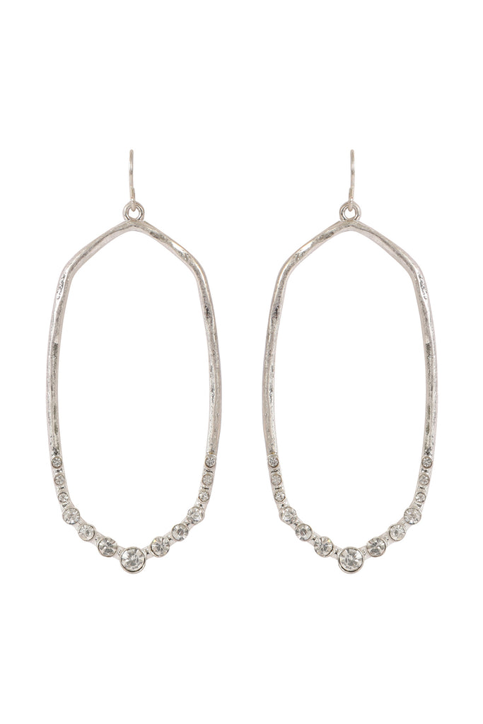 HEXAGON HAMMERED W/ PAVE RHINESTONE DROP FISH HOOK EARRINGS