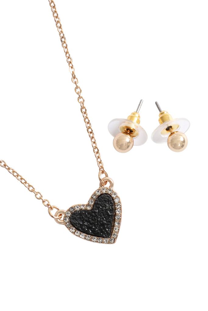 VALENTINE HEART DRUZY WITH RHINESTONE PENDANT NECKLACE AND EARRING SET