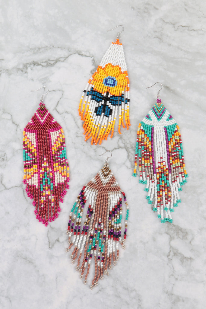 FLOWER SEED BEADS FRINGE BOHO FISH HOOK EARRINGS