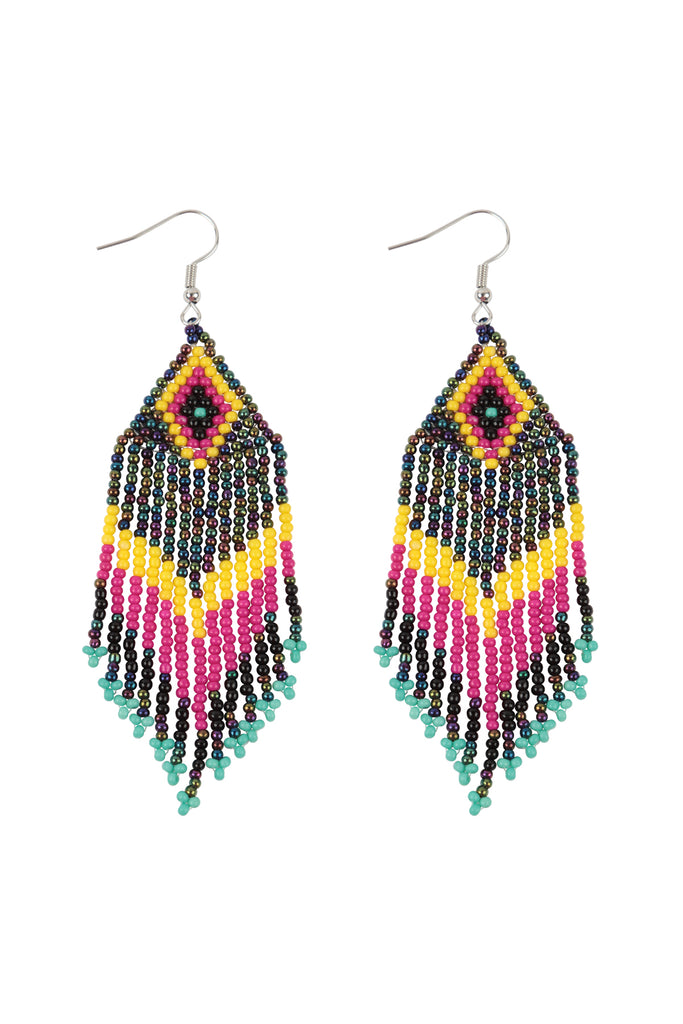 TRIBAL PATTERN SEED BEADS BOHO FISH HOOK EARRINGS