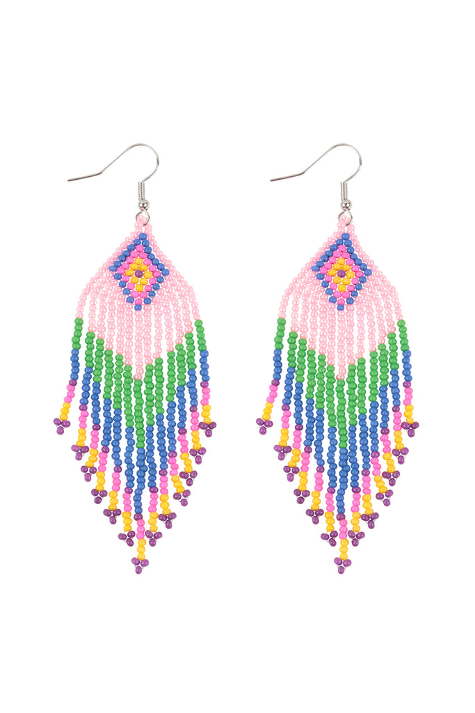 TRIBAL PATTERN SEED BEADS BOHO FISH HOOK EARRINGS