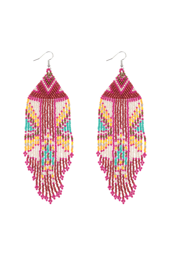 AZTEC PATTERN FRINGE BEADED FISH HOOK EARRINGS