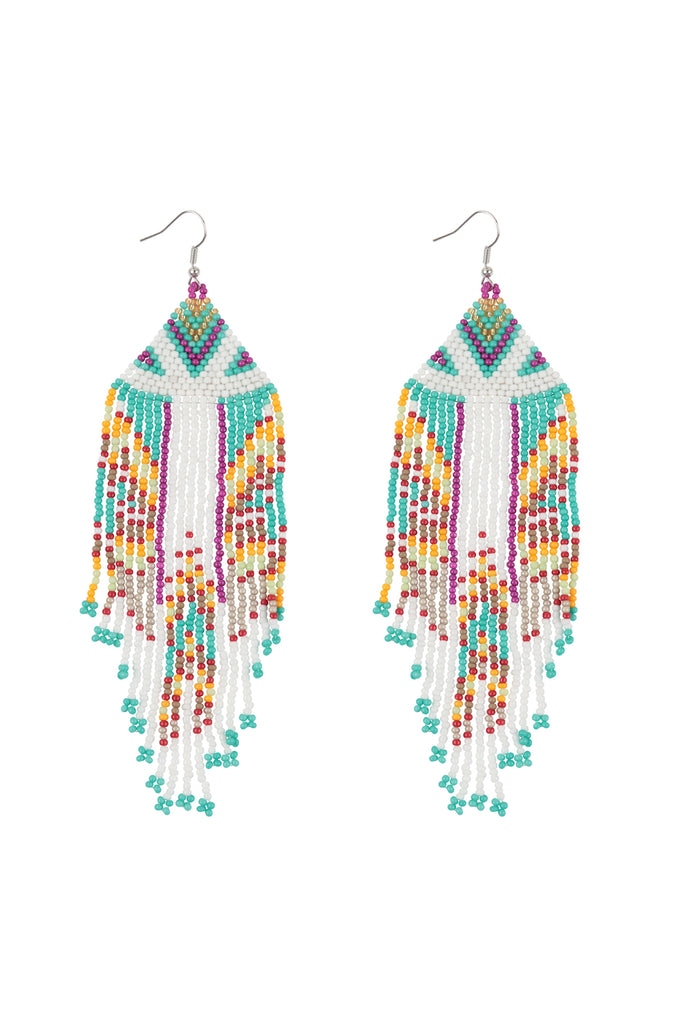 AZTEC PATTERN FRINGE BEADED FISH HOOK EARRINGS