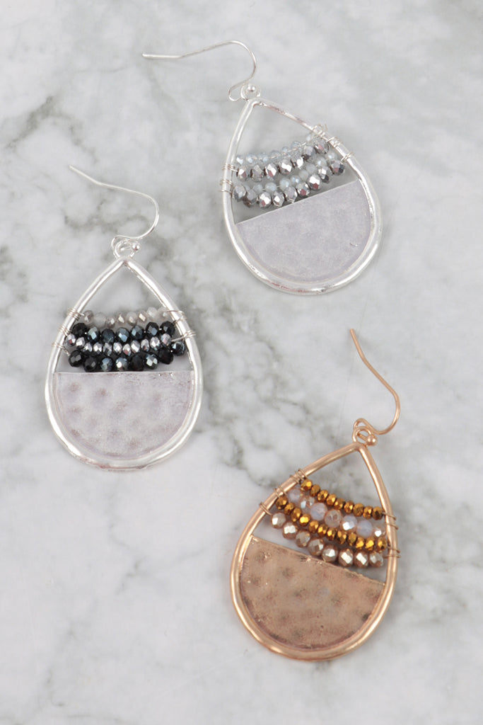 HAMMERED TEARDROP W/ RONDELLE BEADS FISH HOOK EARRINGS