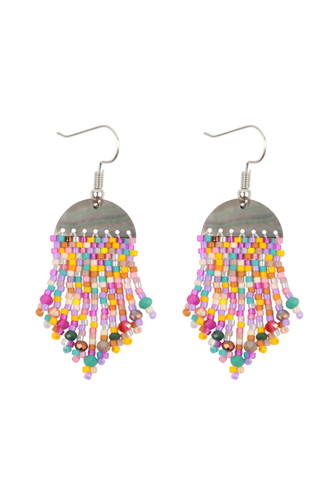 GEOMETRIC SEED BEADS FRINGE DANGLE HOOK EARRINGS