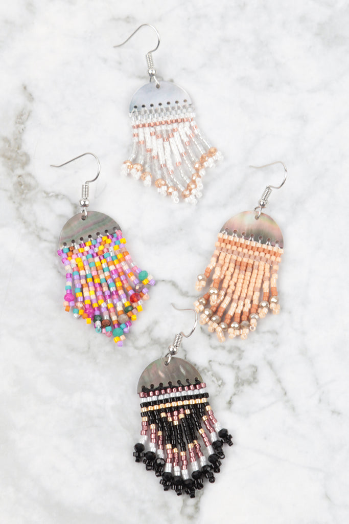 GEOMETRIC SEED BEADS FRINGE DANGLE HOOK EARRINGS