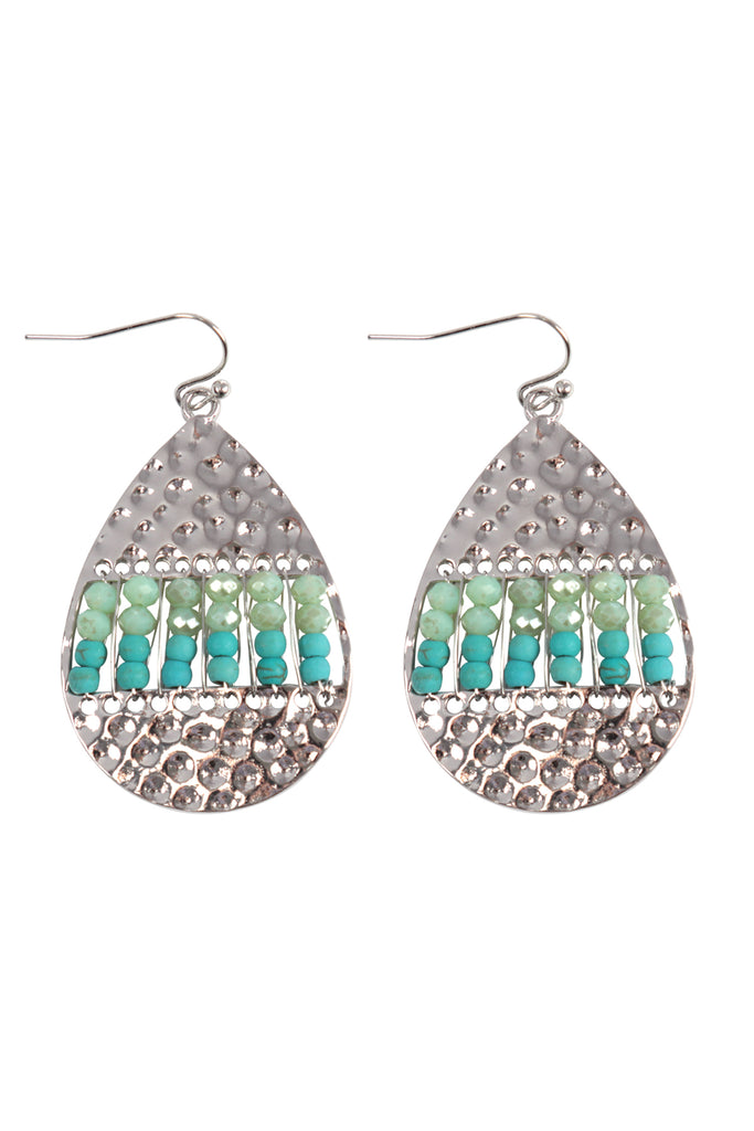 WCE1065 - TEXTURED TEARDROP SHAPE BEADED HOOK EARRINGS