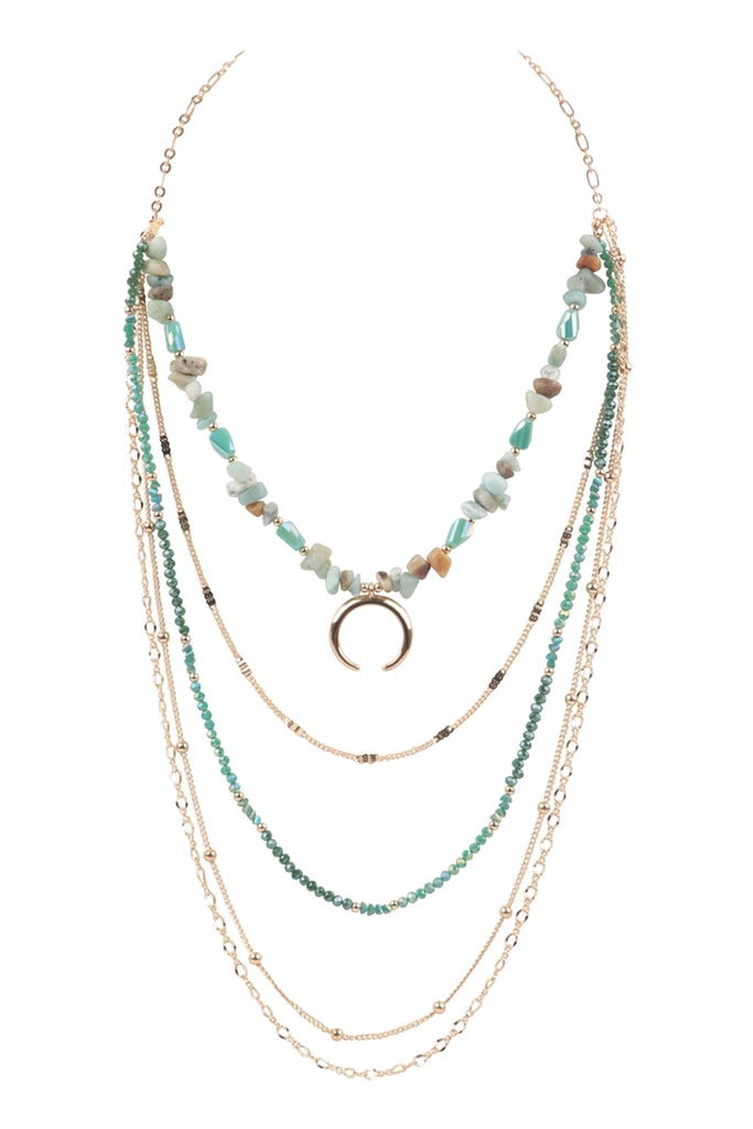 LAYERED CHAIN, NATURAL STONE CHIP MIX BEADS CRESCENT PENDANT NECKLACE