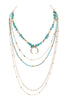 LAYERED CHAIN, NATURAL STONE CHIP MIX BEADS CRESCENT PENDANT NECKLACE