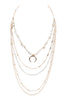 LAYERED CHAIN, NATURAL STONE CHIP MIX BEADS CRESCENT PENDANT NECKLACE