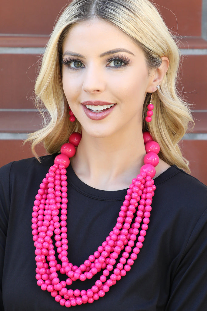 ROUND BEAD LAYERED STATEMENT NECKLACE AND EARRING SET