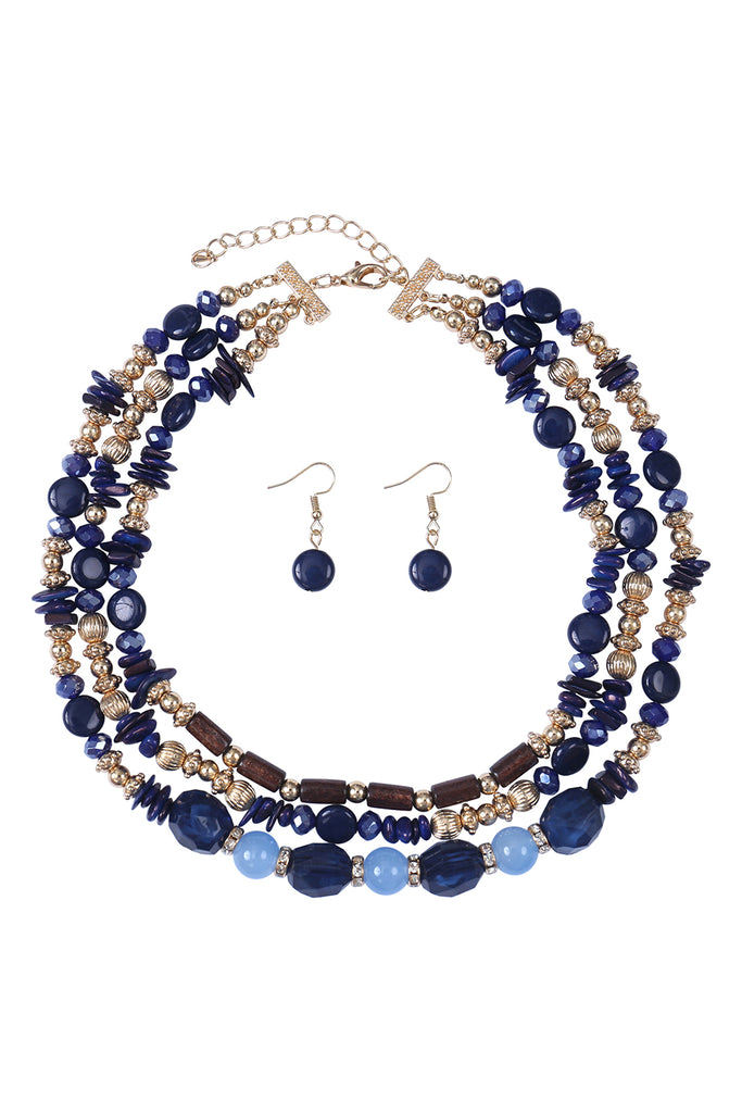 3 LINE LAYERED NATURAL STONE, MIX BEADS NECKLACE AND EARRINGS SET