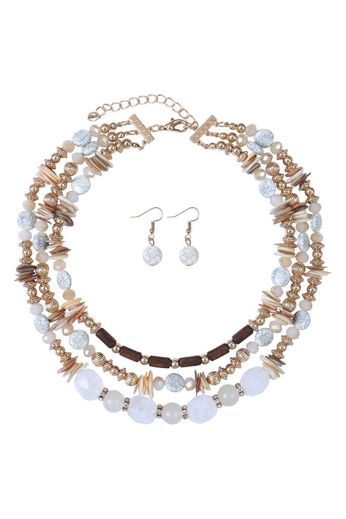 3 LINE LAYERED NATURAL STONE, MIX BEADS NECKLACE AND EARRINGS SET
