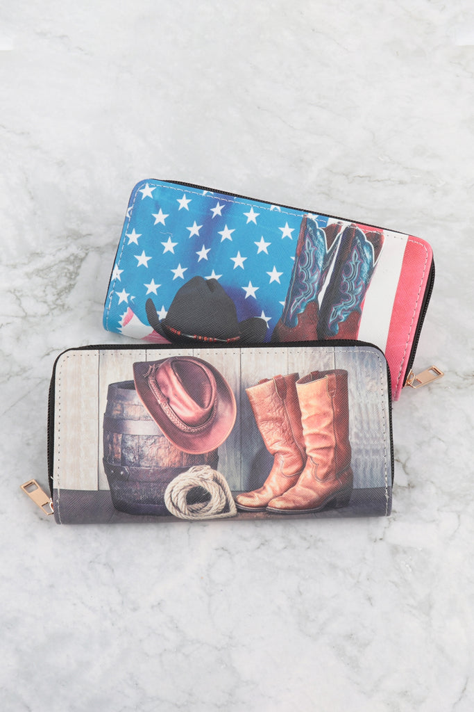 USA FLAG WESTERN PRINT ZIPPER WALLET