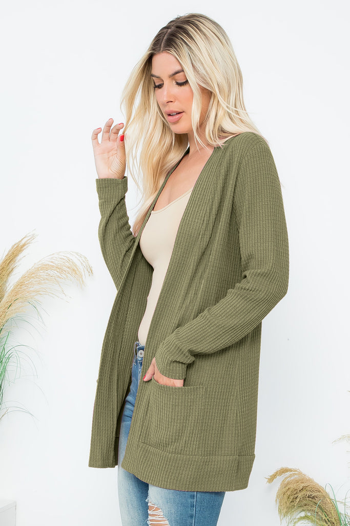 BRUSHED WAFFLE LONG SLEEVE SIDE POCKET OPEN FRONT CARDIGAN