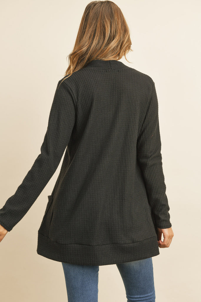 BRUSHED WAFFLE LONG SLEEVE SIDE POCKET OPEN FRONT CARDIGAN