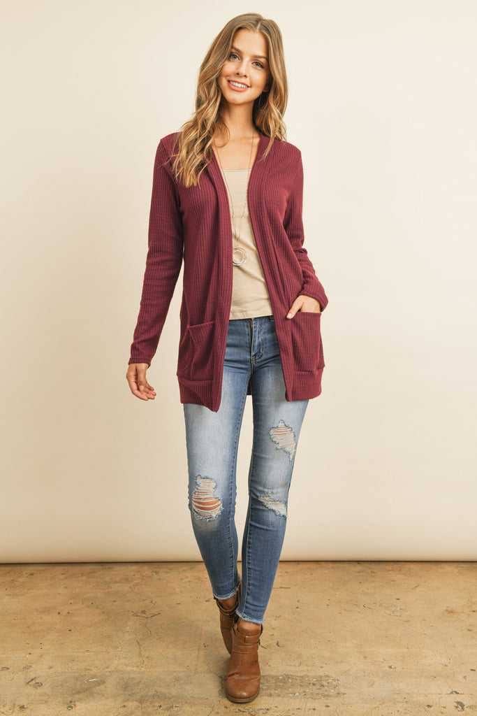 BRUSHED WAFFLE LONG SLEEVE SIDE POCKET OPEN FRONT CARDIGAN