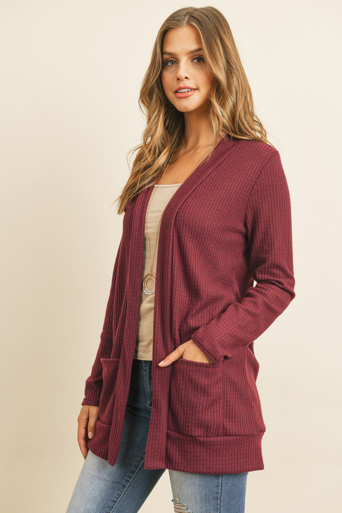 BRUSHED WAFFLE LONG SLEEVE SIDE POCKET OPEN FRONT CARDIGAN