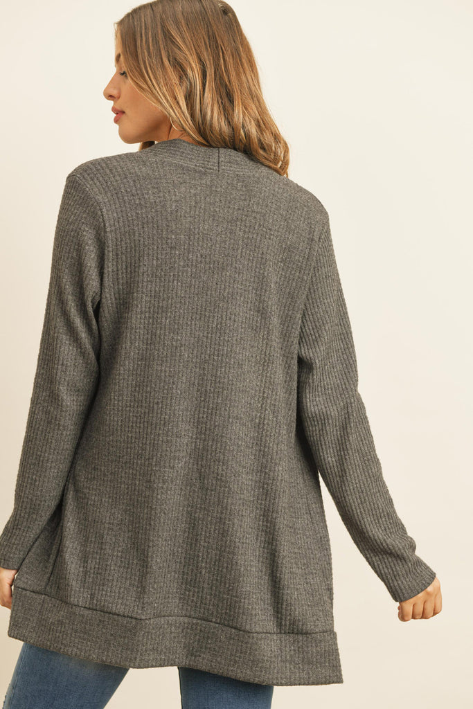 BRUSHED WAFFLE LONG SLEEVE SIDE POCKET OPEN FRONT CARDIGAN