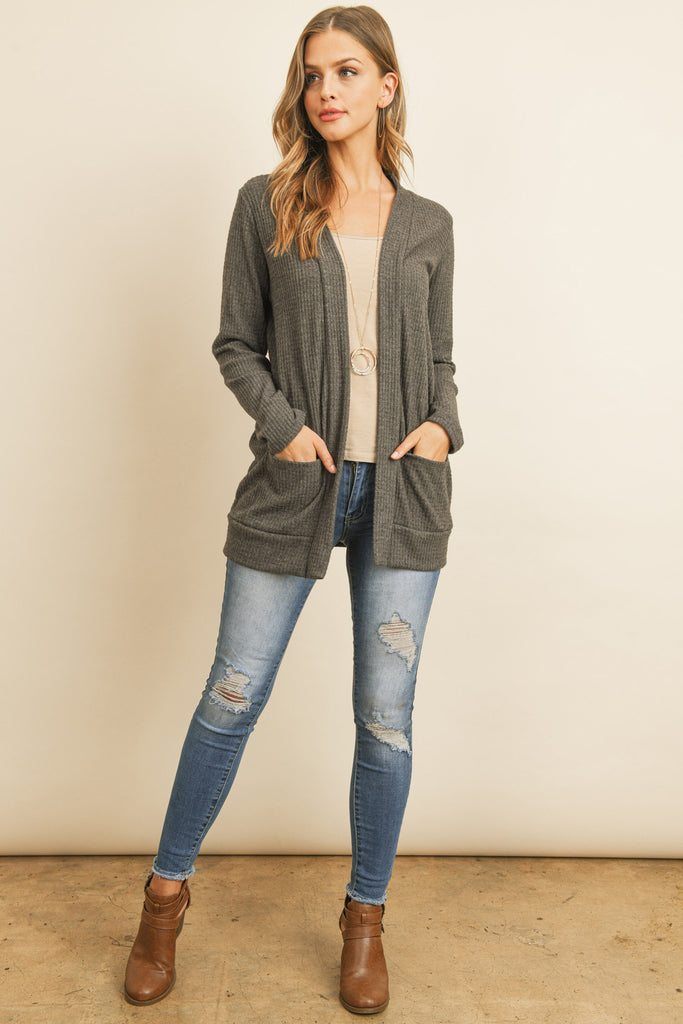 BRUSHED WAFFLE LONG SLEEVE SIDE POCKET OPEN FRONT CARDIGAN