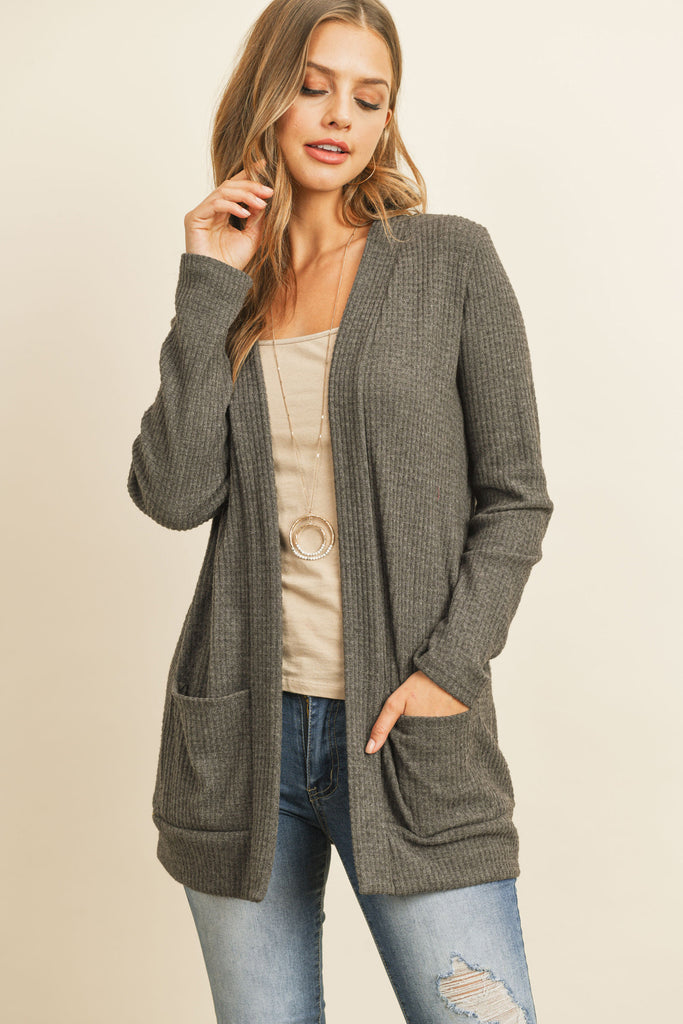 BRUSHED WAFFLE LONG SLEEVE SIDE POCKET OPEN FRONT CARDIGAN