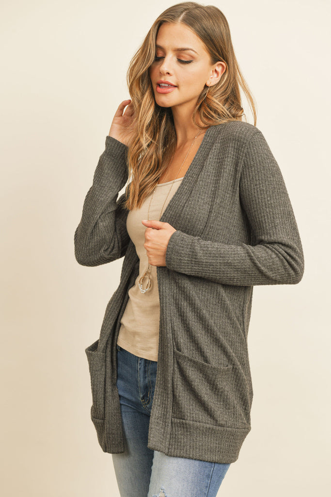 BRUSHED WAFFLE LONG SLEEVE SIDE POCKET OPEN FRONT CARDIGAN