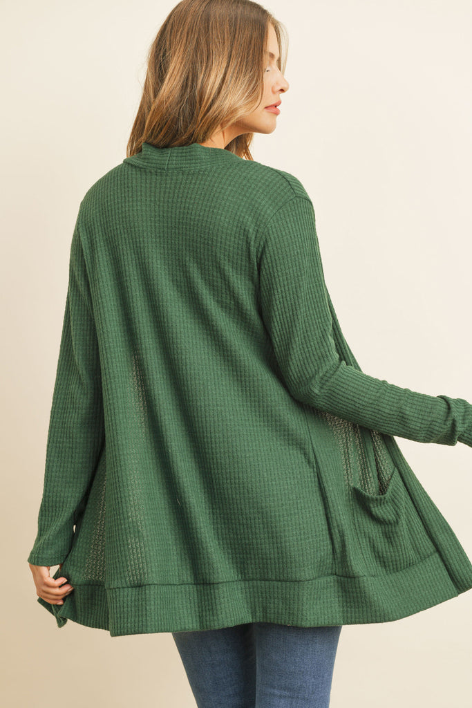 BRUSHED WAFFLE LONG SLEEVE SIDE POCKET OPEN FRONT CARDIGAN