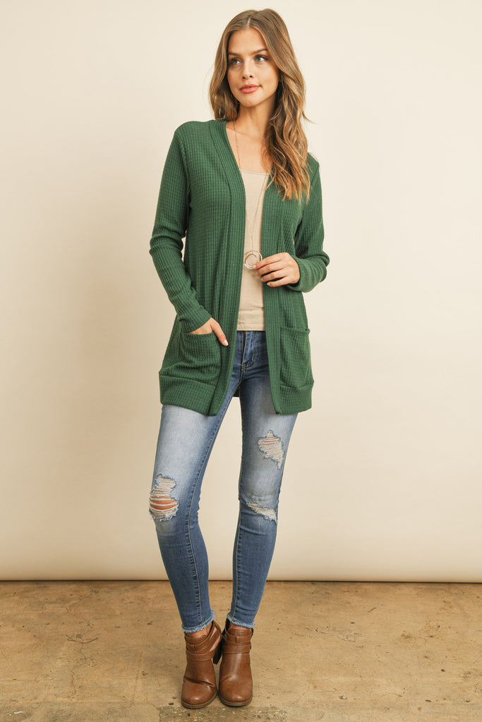 BRUSHED WAFFLE LONG SLEEVE SIDE POCKET OPEN FRONT CARDIGAN