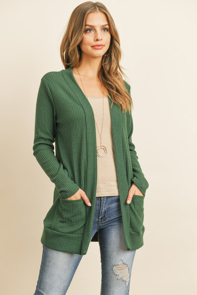 BRUSHED WAFFLE LONG SLEEVE SIDE POCKET OPEN FRONT CARDIGAN