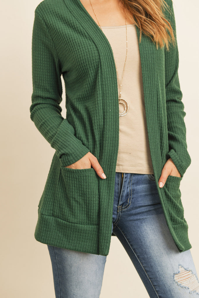 BRUSHED WAFFLE LONG SLEEVE SIDE POCKET OPEN FRONT CARDIGAN