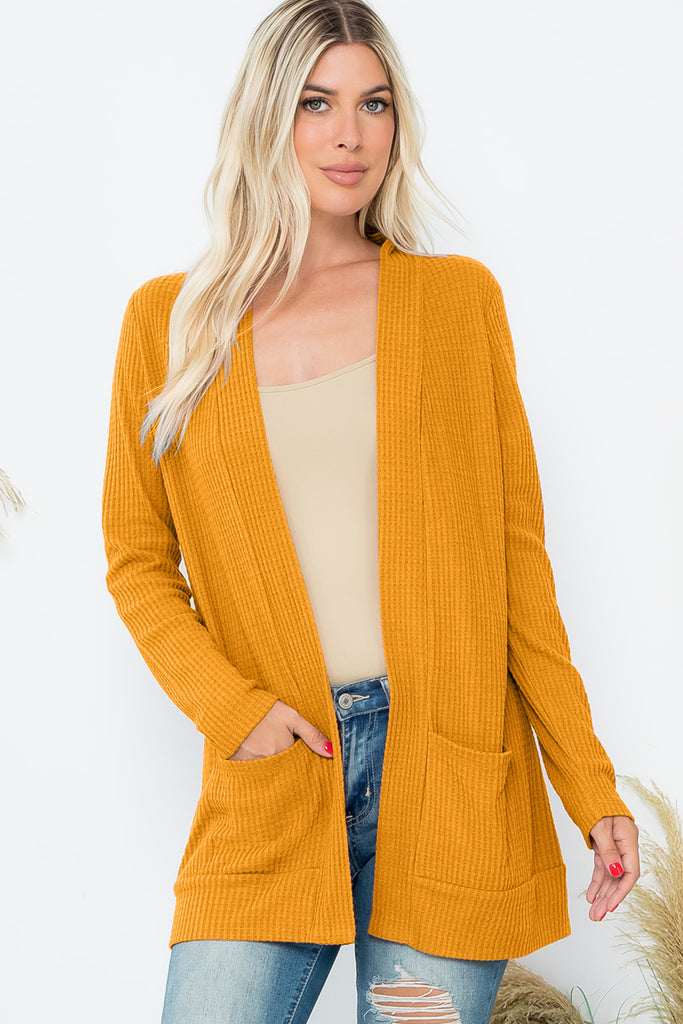 BRUSHED WAFFLE LONG SLEEVE SIDE POCKET OPEN FRONT CARDIGAN