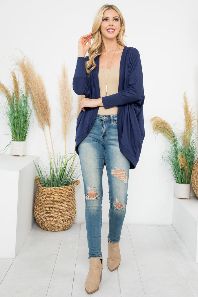 Solid Dolman Sleeve Open Cardigan with Side Pocket