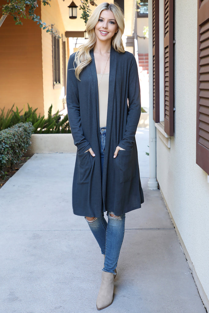 Solid Long Sleeve Open Front Cardigan